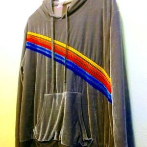 NO BOUNDARIES - Women's XL Grey Velvet Rainbow Design Hoodie Sweater
